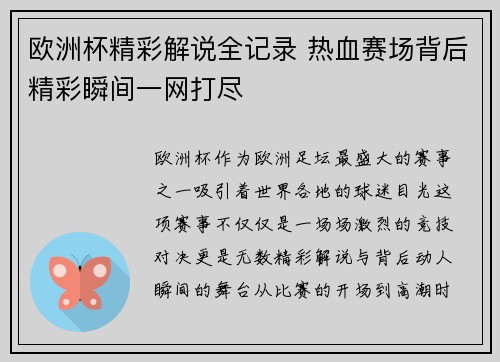欧洲杯精彩解说全记录 热血赛场背后精彩瞬间一网打尽 欧洲杯精彩解说全记录 热血赛场背后精彩瞬间一网打尽